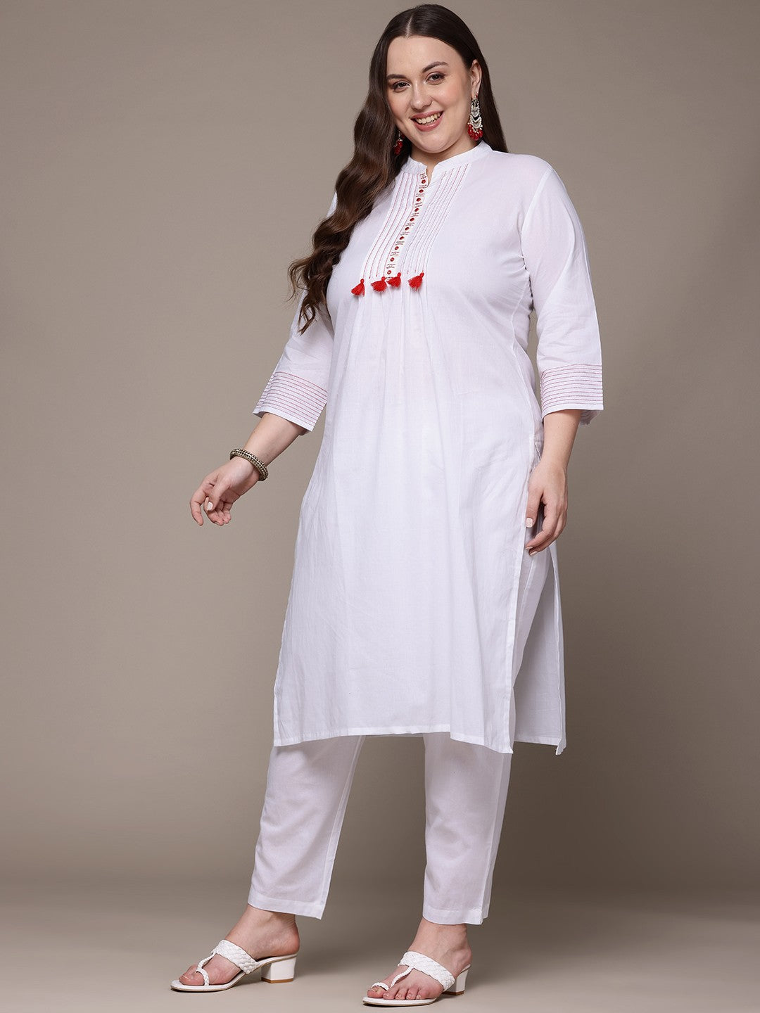 Straight Style Cotton Fabric White Colour Kurta With Bottom And Dupatta