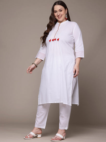 Straight Style Cotton Fabric White Colour Kurta With Bottom And Dupatta