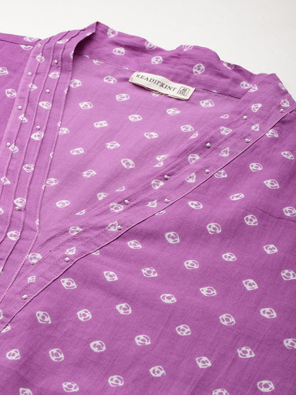 Straight Style Cotton Fabric Purple Colour Kurta With Bottom And Dupatta