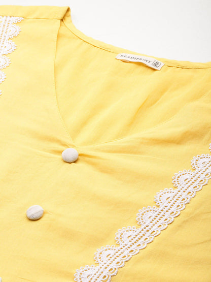 Straight Style Cotton Fabric Yellow Colour Kurta With Bottom And Dupatta