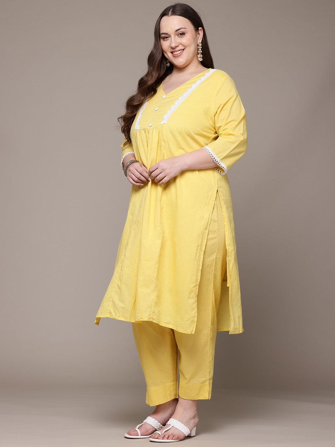 Straight Style Cotton Fabric Yellow Colour Kurta With Bottom And Dupatta