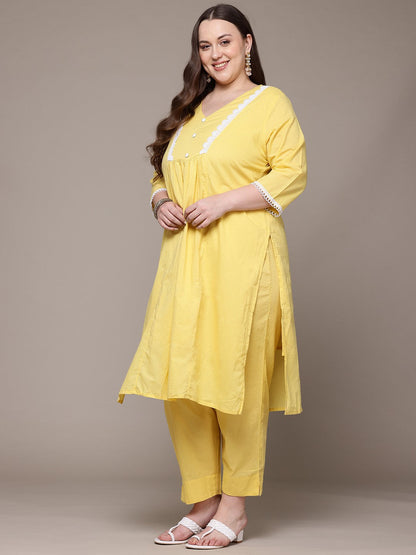 Straight Style Cotton Fabric Yellow Colour Kurta With Bottom And Dupatta