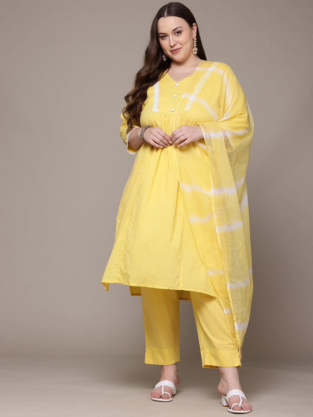 Straight Style Cotton Fabric Yellow Colour Kurta With Bottom And Dupatta