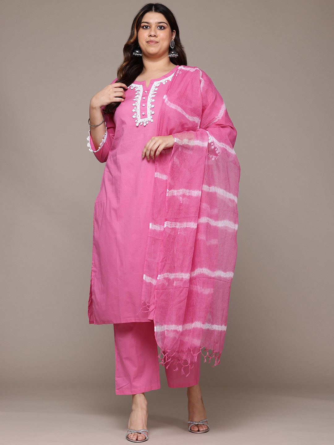 Straight Style Cotton Fabric Pink Colour Kurta With Bottom And Dupatta