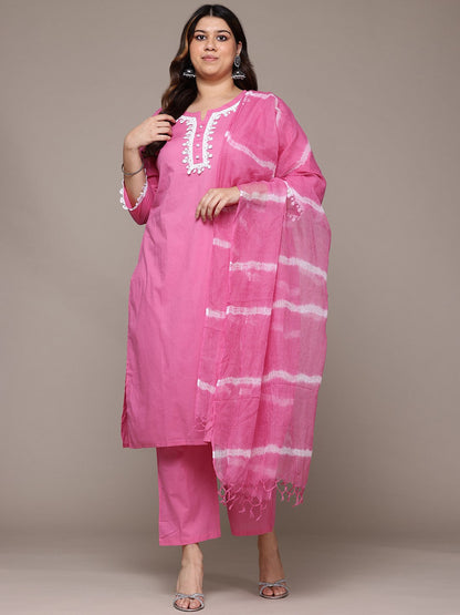 Straight Style Cotton Fabric Pink Colour Kurta With Bottom And Dupatta