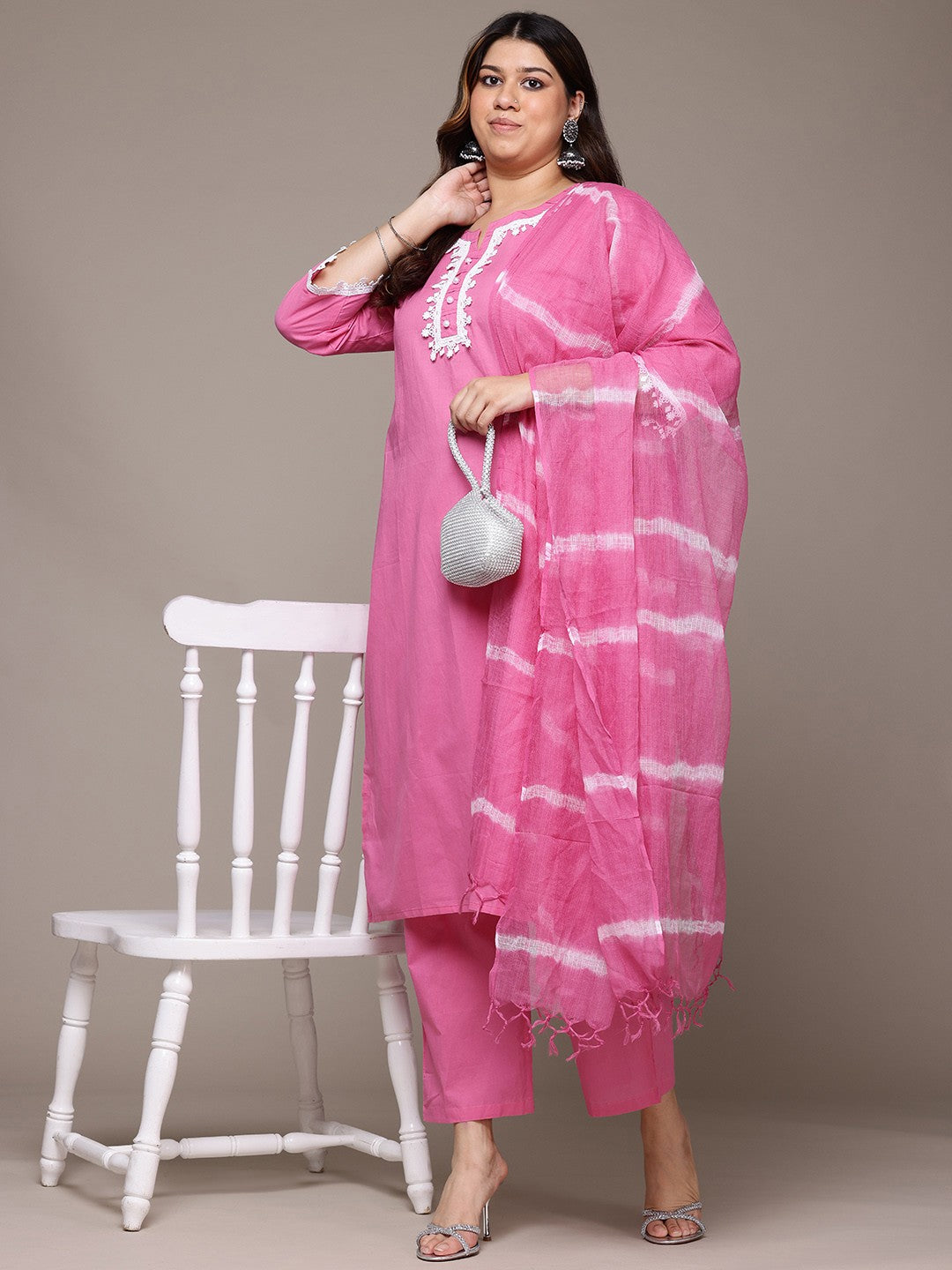Straight Style Cotton Fabric Pink Colour Kurta With Bottom And Dupatta