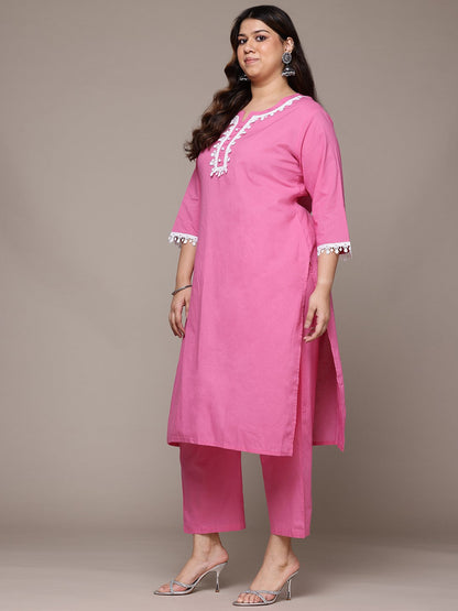 Straight Style Cotton Fabric Pink Colour Kurta With Bottom And Dupatta
