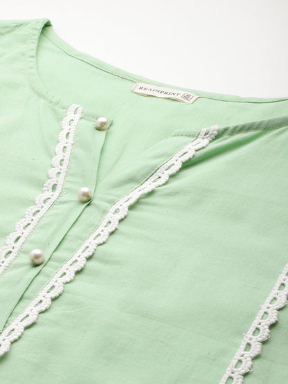 Straight Style Cotton Fabric Green Colour Kurta With Bottom And Dupatta
