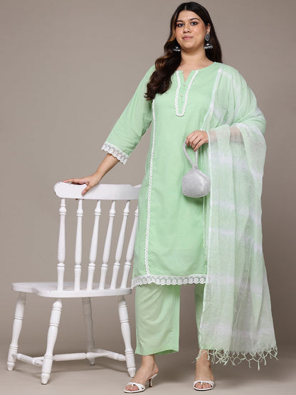 Straight Style Cotton Fabric Green Colour Kurta With Bottom And Dupatta