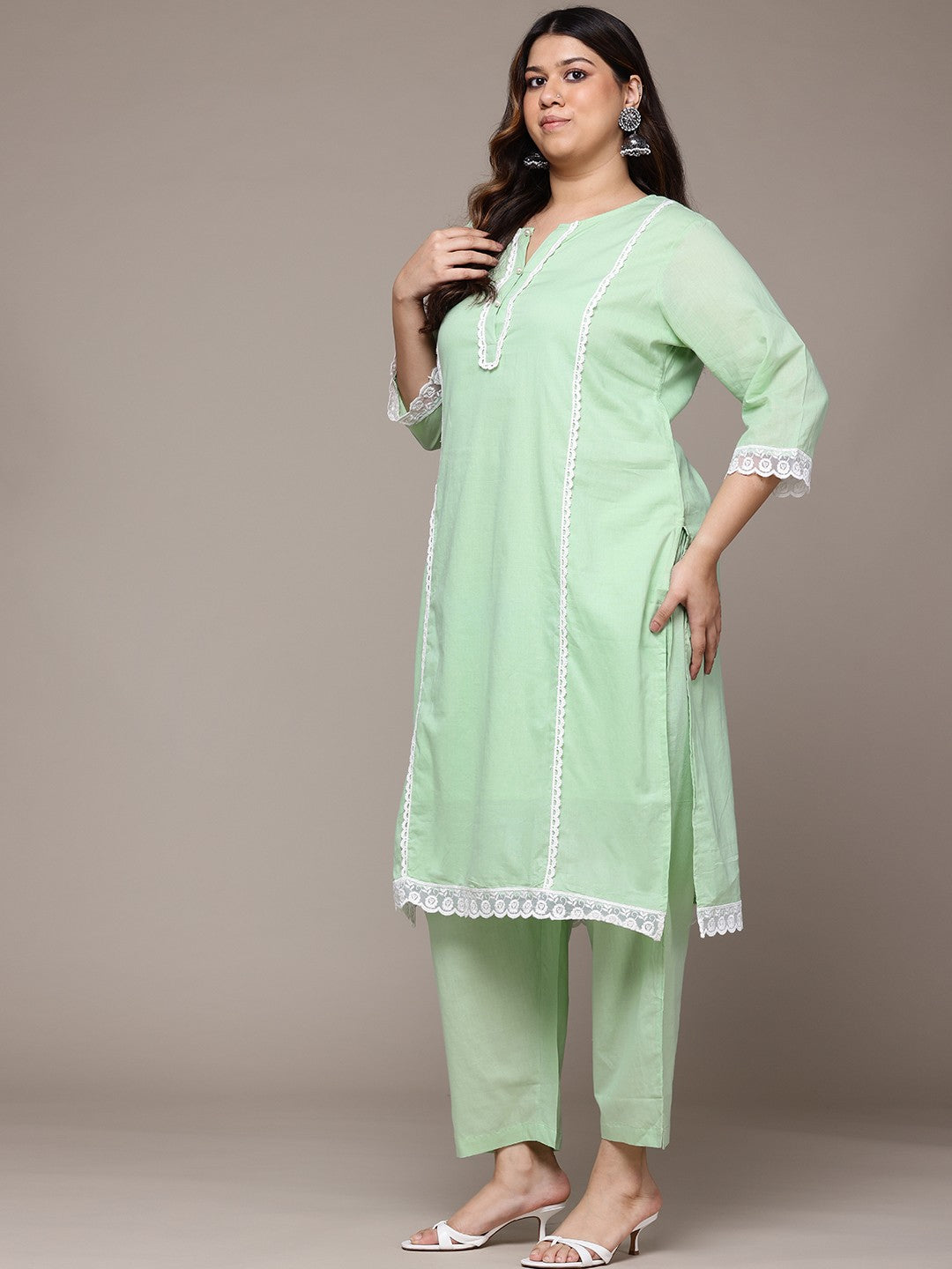 Straight Style Cotton Fabric Green Colour Kurta With Bottom And Dupatta