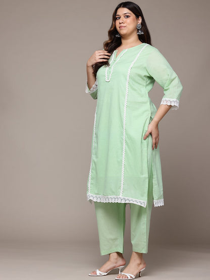 Straight Style Cotton Fabric Green Colour Kurta With Bottom And Dupatta