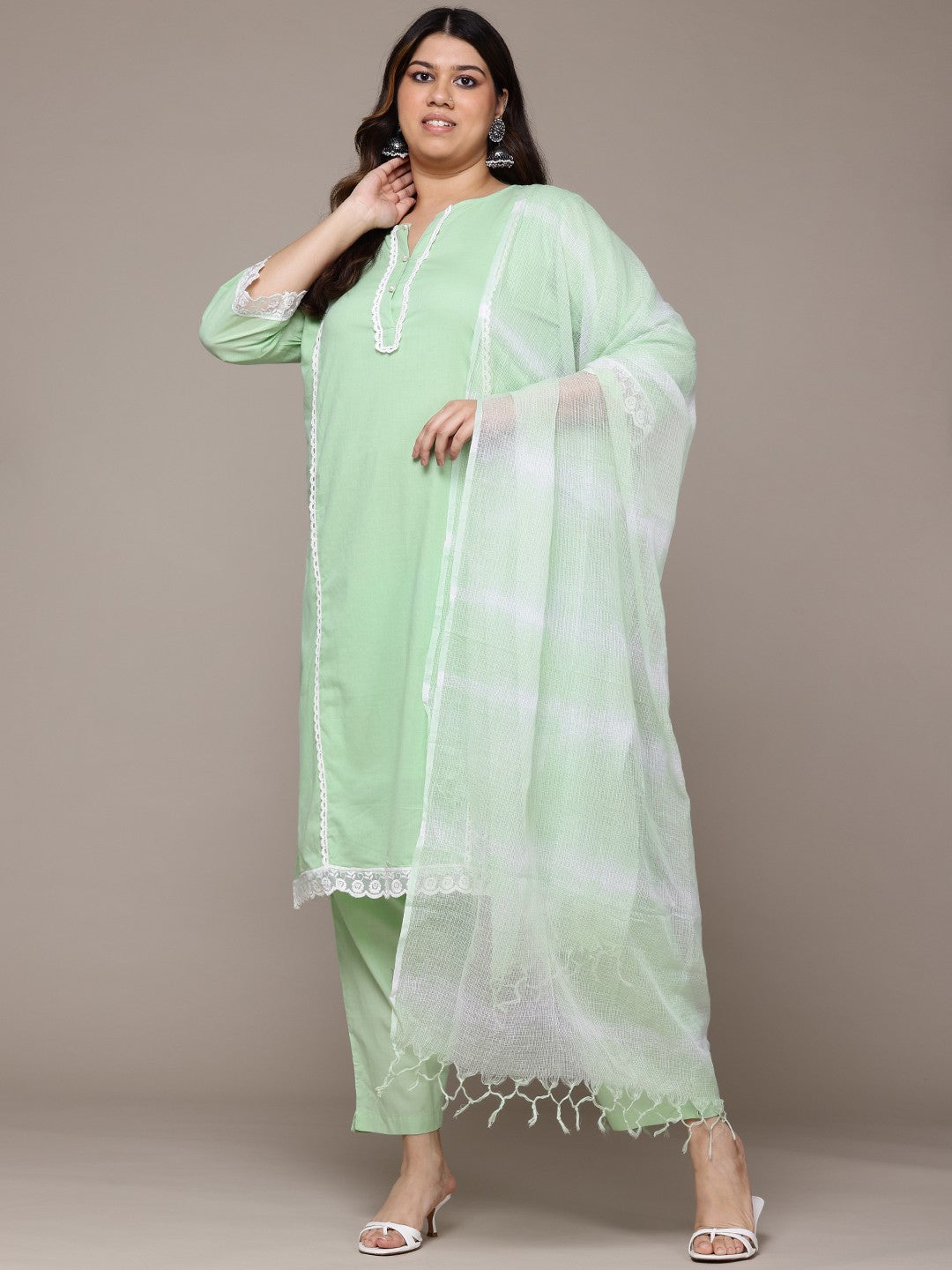 Straight Style Cotton Fabric Green Colour Kurta With Bottom And Dupatta