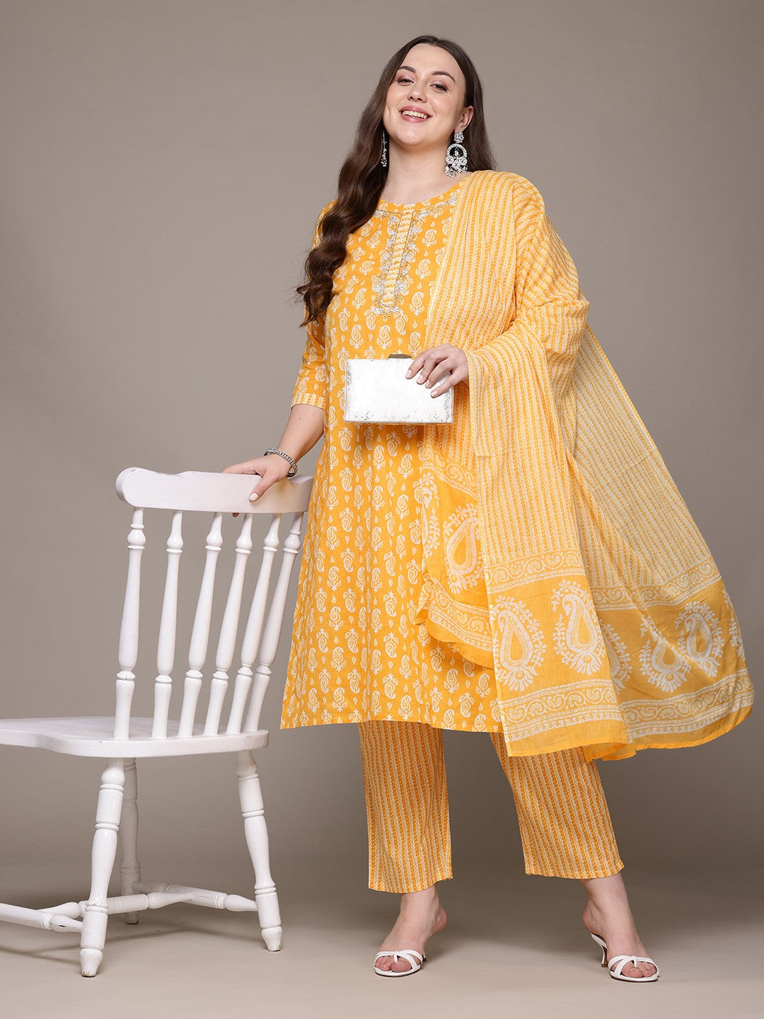 Straight Style Cotton Fabric Yellow Colour Kurta With Bottom And Dupatta