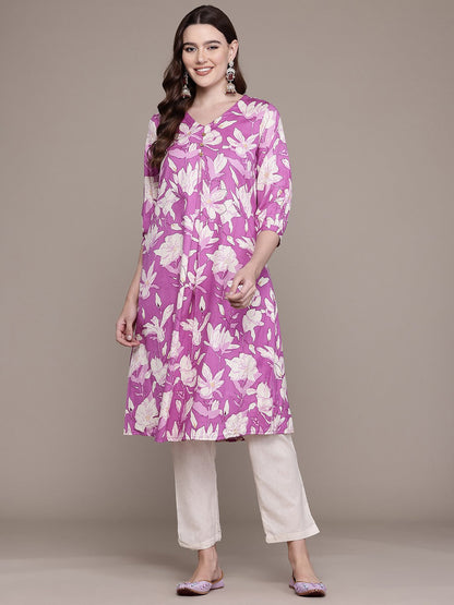 A Line Style Cotton Fabric Purple Colour Kurta With Bottom