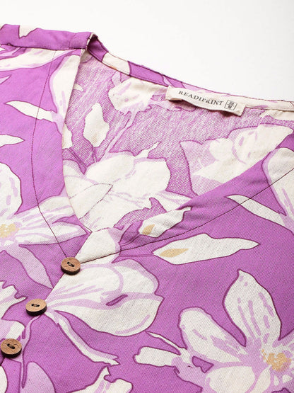 A Line Style Cotton Fabric Purple Colour Kurta With Bottom