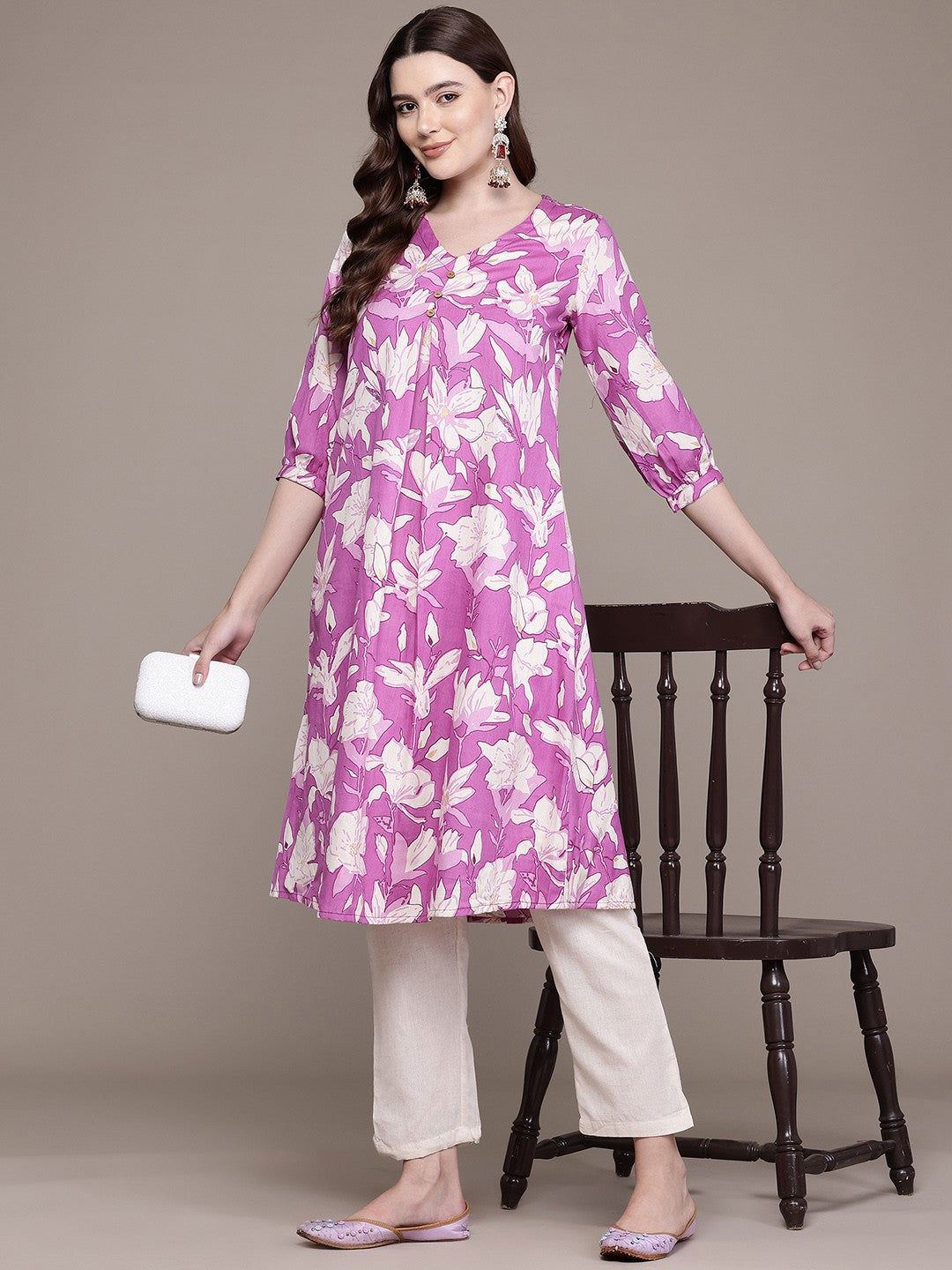 A Line Style Cotton Fabric Purple Colour Kurta With Bottom