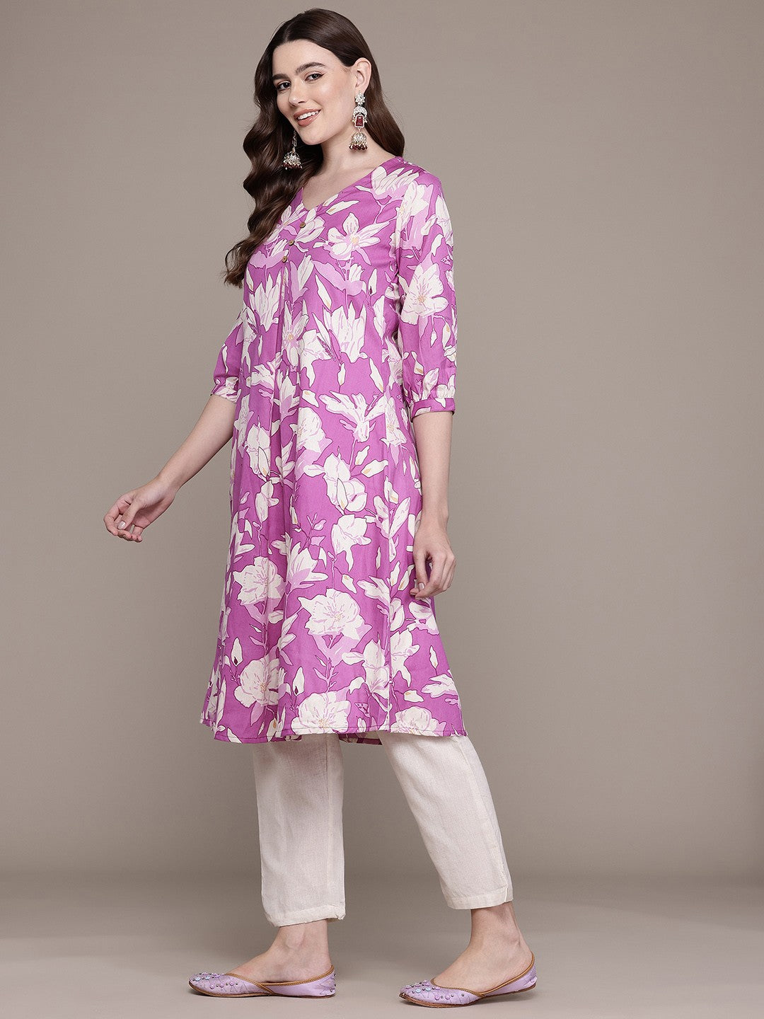 A Line Style Cotton Fabric Purple Colour Kurta With Bottom