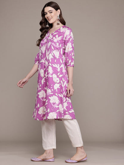 A Line Style Cotton Fabric Purple Colour Kurta With Bottom