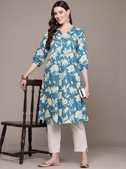 A Line Style Cotton Fabric Blue Colour Kurta With Bottom