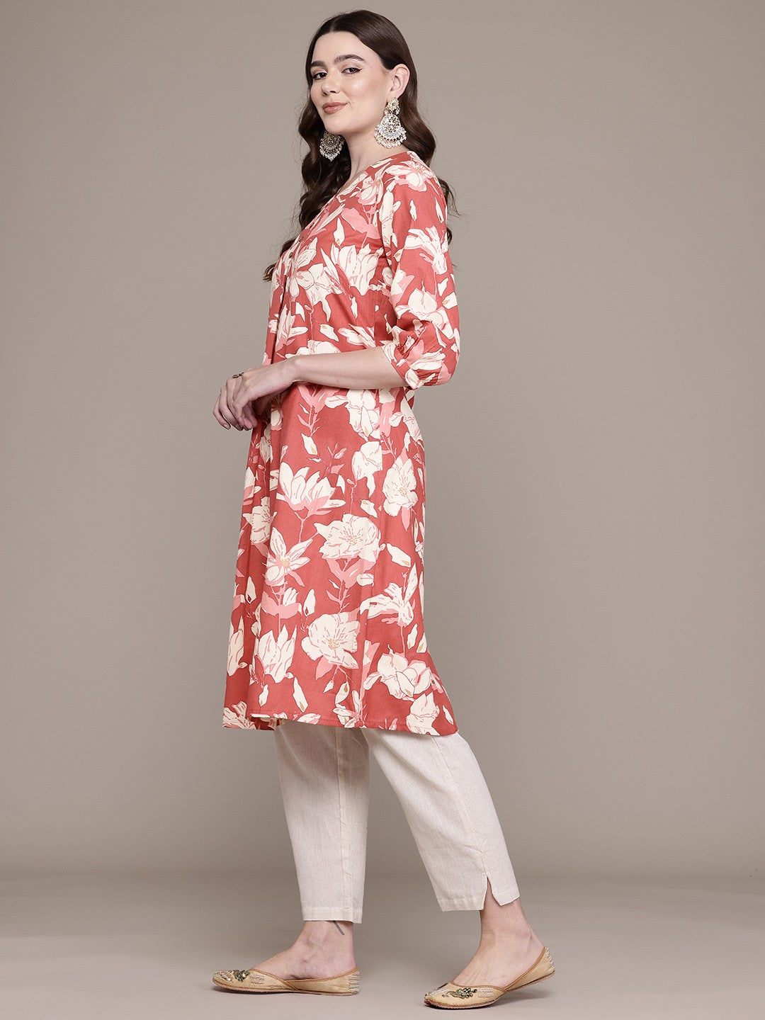 A Line Style Cotton Fabric Red Colour Kurta With Bottom