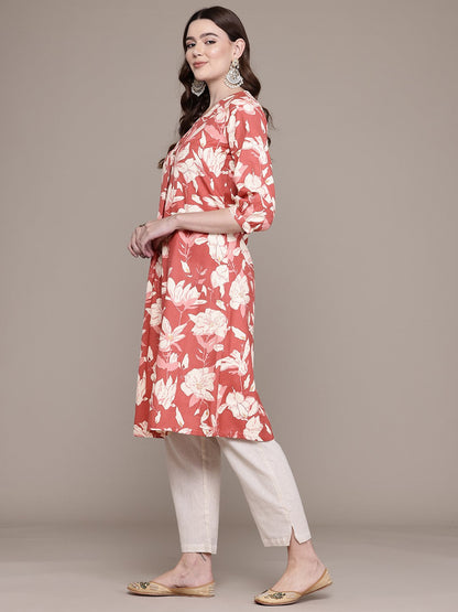 A Line Style Cotton Fabric Red Colour Kurta With Bottom