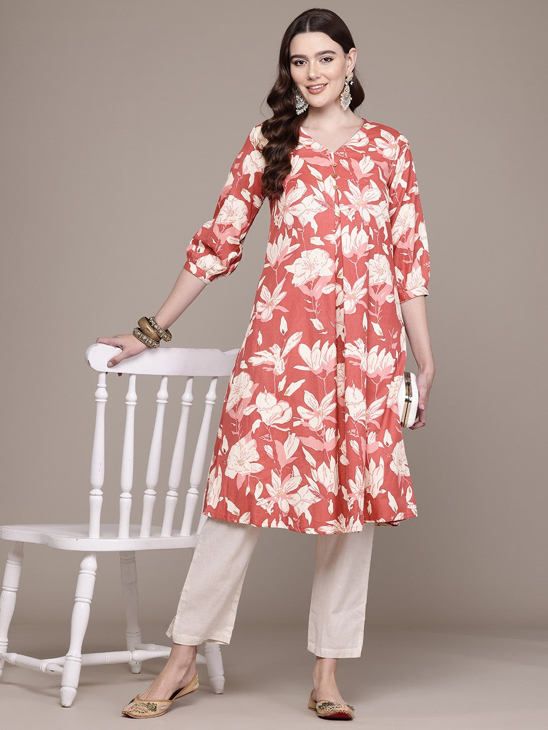 A Line Style Cotton Fabric Red Colour Kurta With Bottom