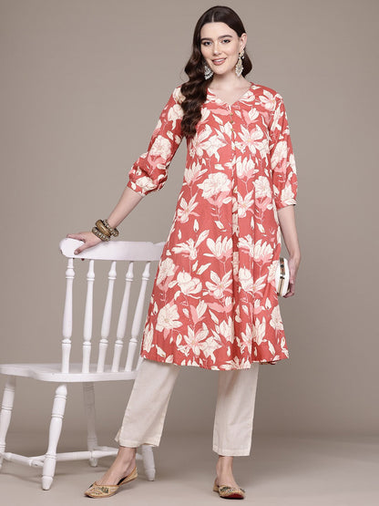 A Line Style Cotton Fabric Red Colour Kurta With Bottom