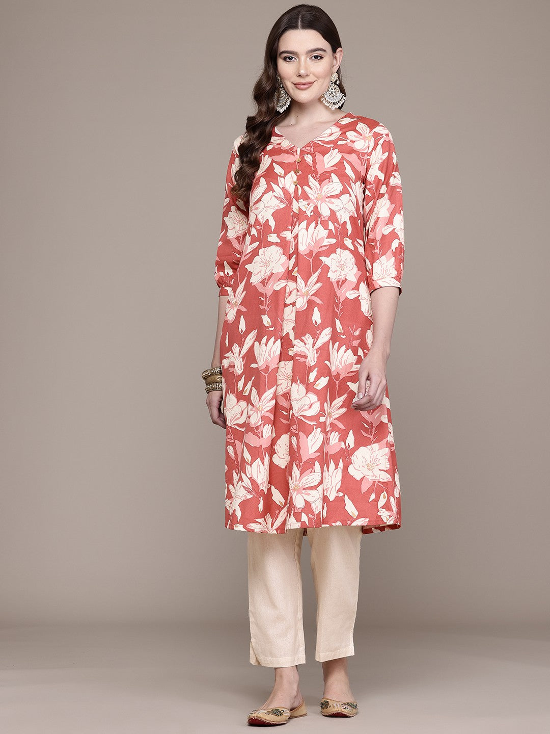 A Line Style Cotton Fabric Red Colour Kurta With Bottom