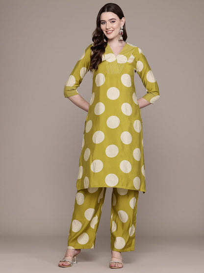 Straight Style Silk Fabric Green Colour Kurta With Bottom