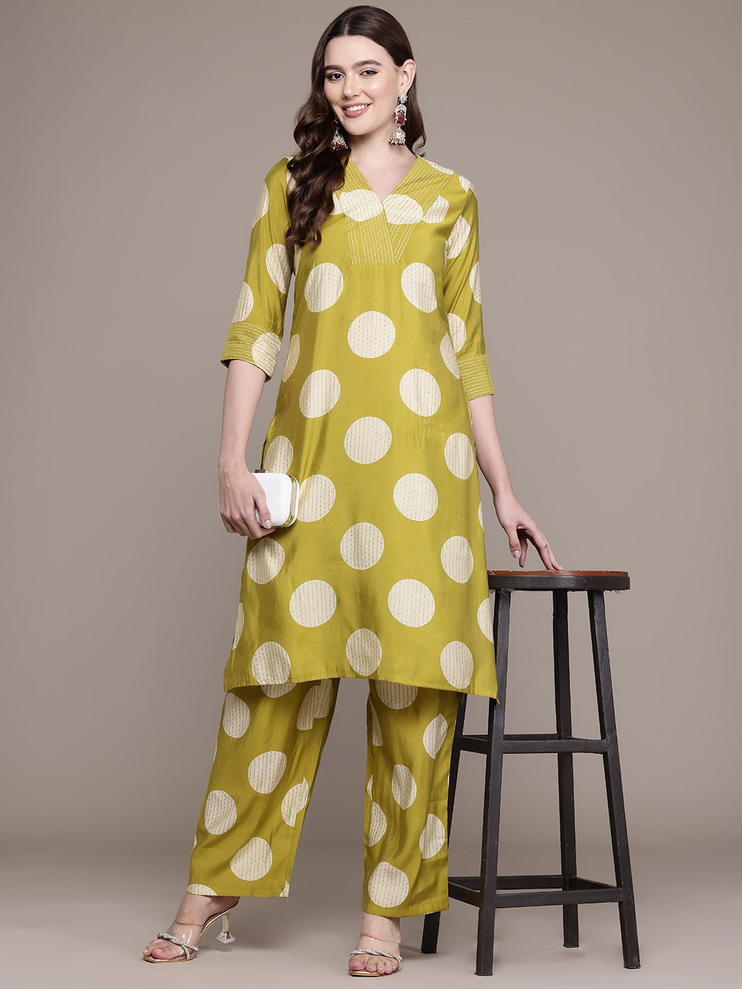 Straight Style Silk Fabric Green Colour Kurta With Bottom