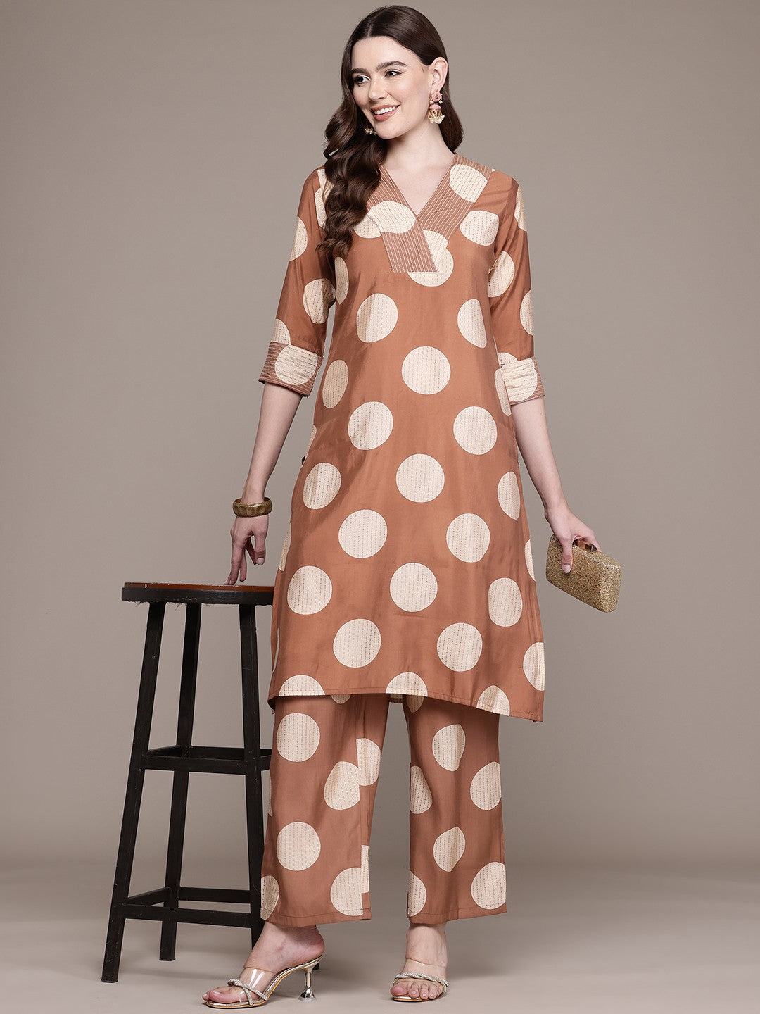 Straight Style Silk Fabric Brown Colour Kurta With Bottom