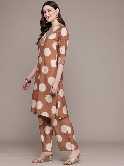 Straight Style Silk Fabric Brown Colour Kurta With Bottom