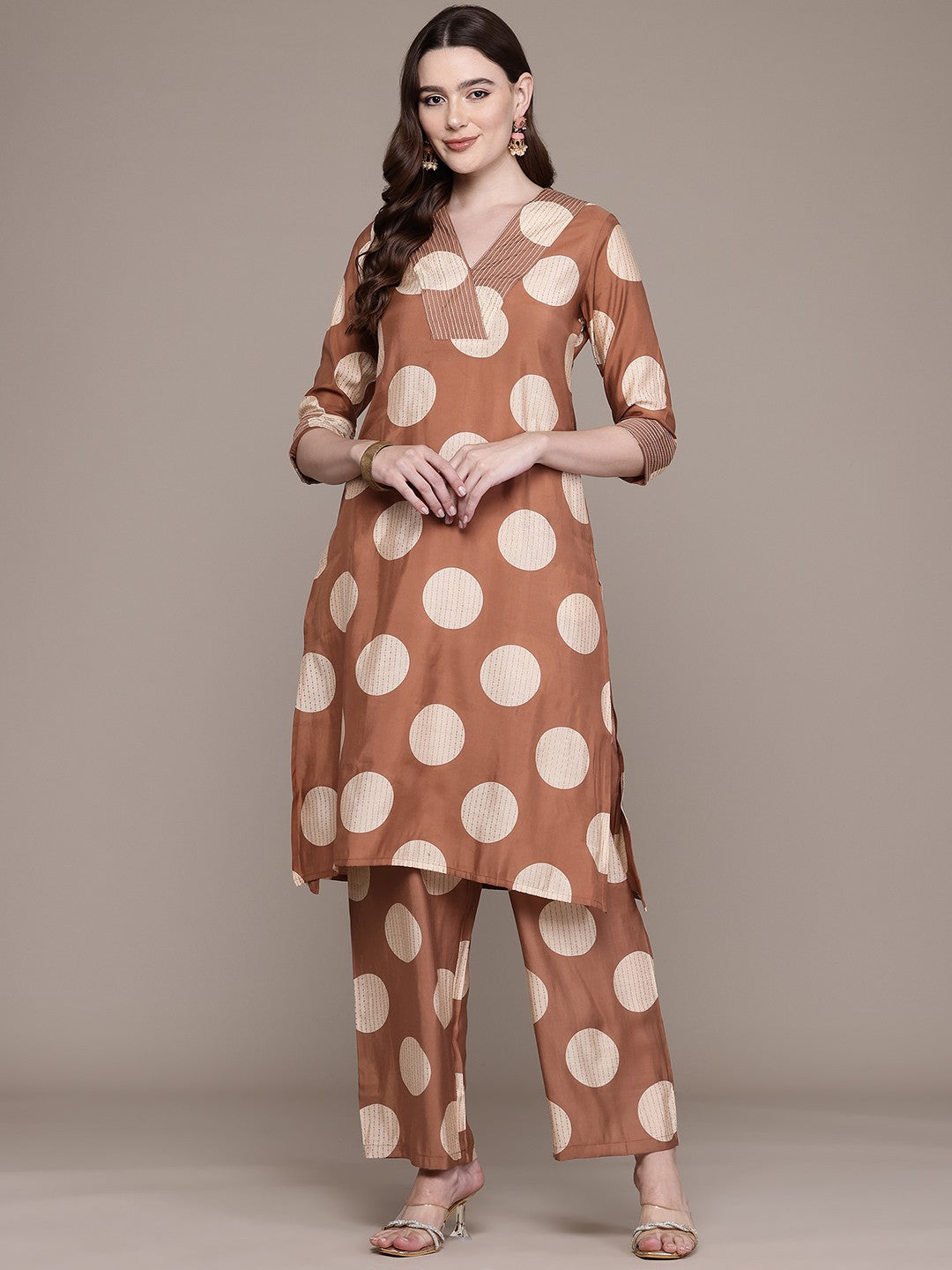 Straight Style Silk Fabric Brown Colour Kurta With Bottom