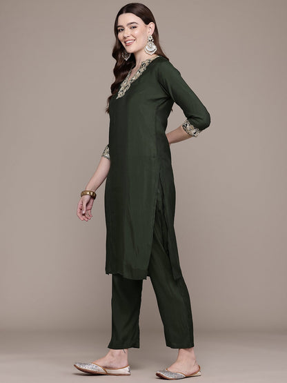Straight Style Silk Fabric Green Colour Kurta With Bottom