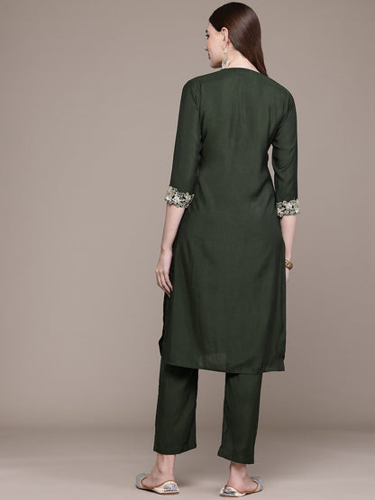 Straight Style Silk Fabric Green Colour Kurta With Bottom