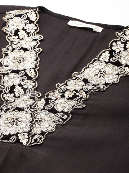 Straight Style Silk Fabric Black Colour Kurta With Bottom