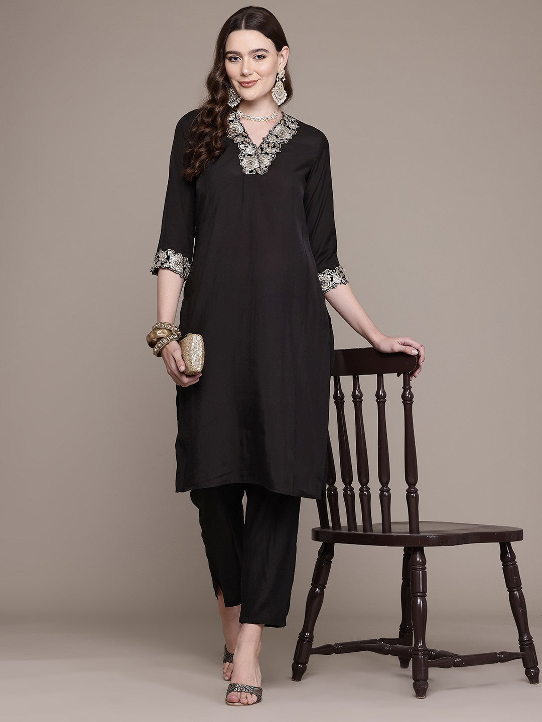 Straight Style Silk Fabric Black Colour Kurta With Bottom