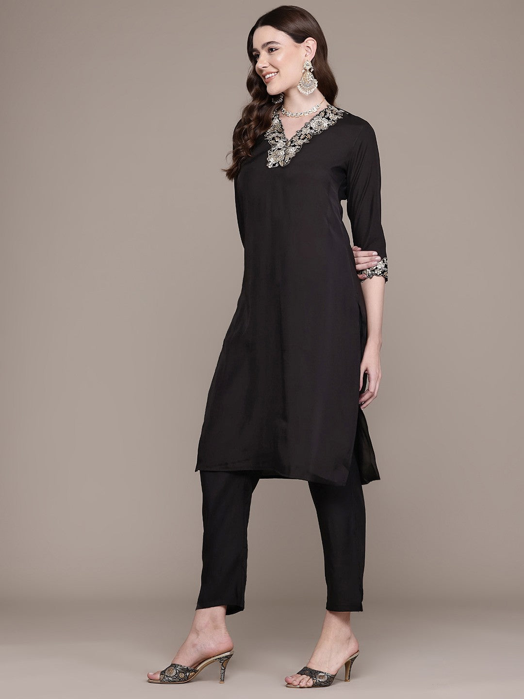 Straight Style Silk Fabric Black Colour Kurta With Bottom