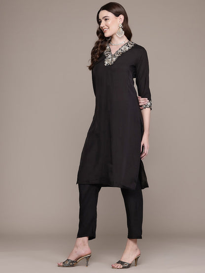 Straight Style Silk Fabric Black Colour Kurta With Bottom