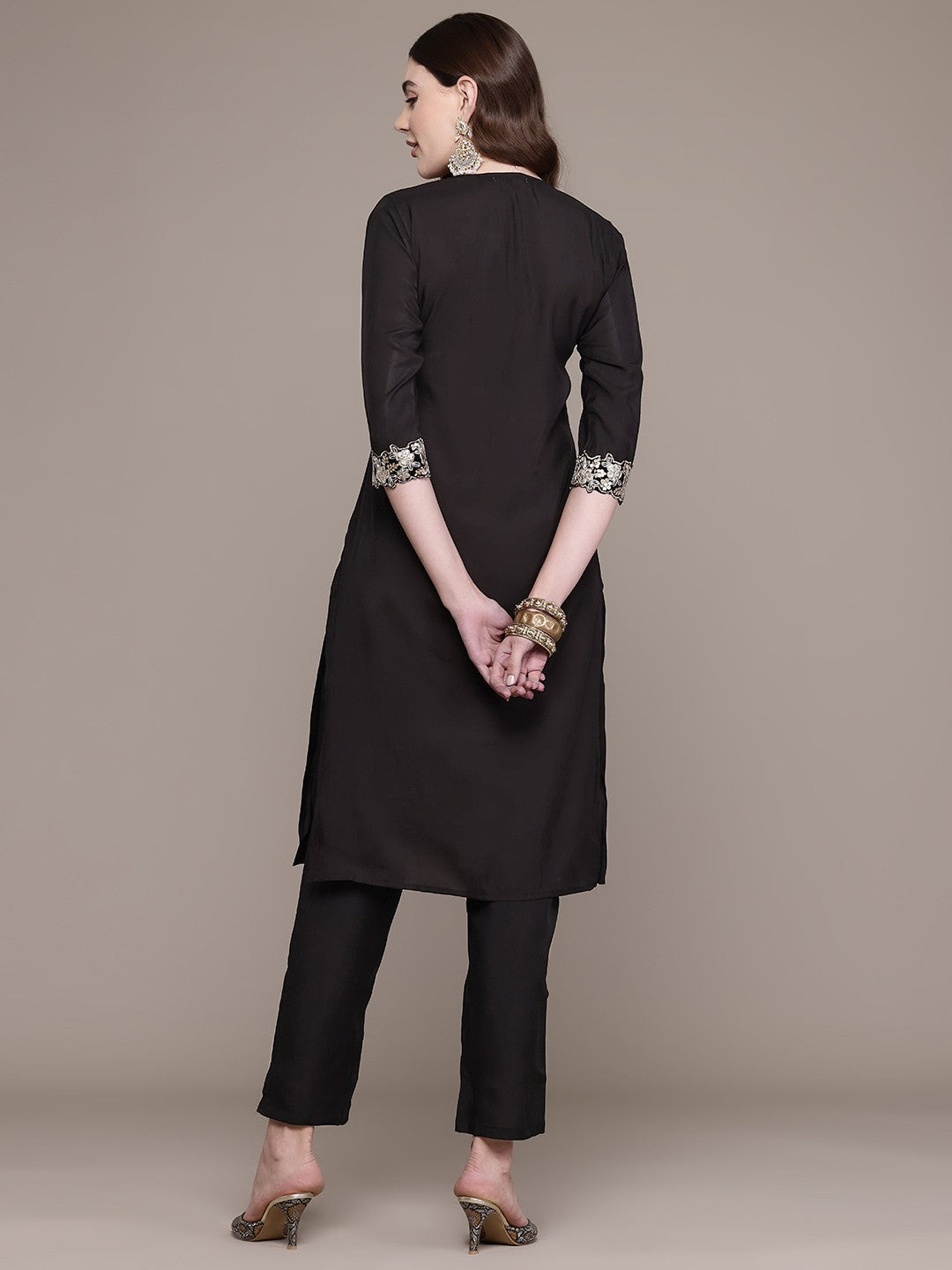 Straight Style Silk Fabric Black Colour Kurta With Bottom