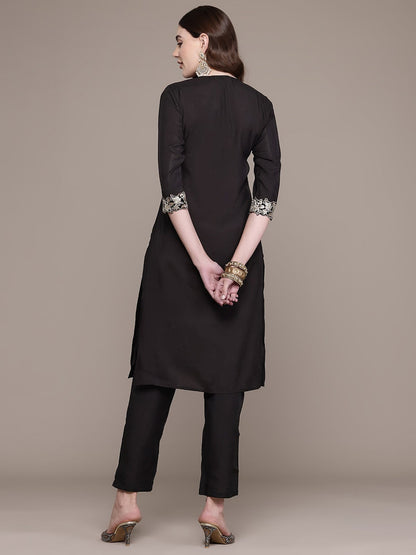 Straight Style Silk Fabric Black Colour Kurta With Bottom
