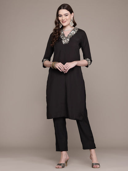 Straight Style Silk Fabric Black Colour Kurta With Bottom