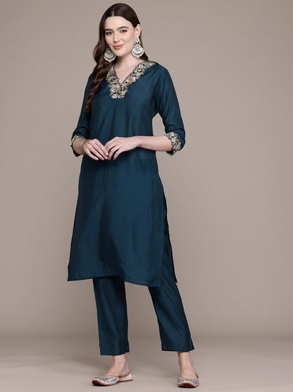 Straight Style Silk Fabric Teal Colour Kurta With Bottom