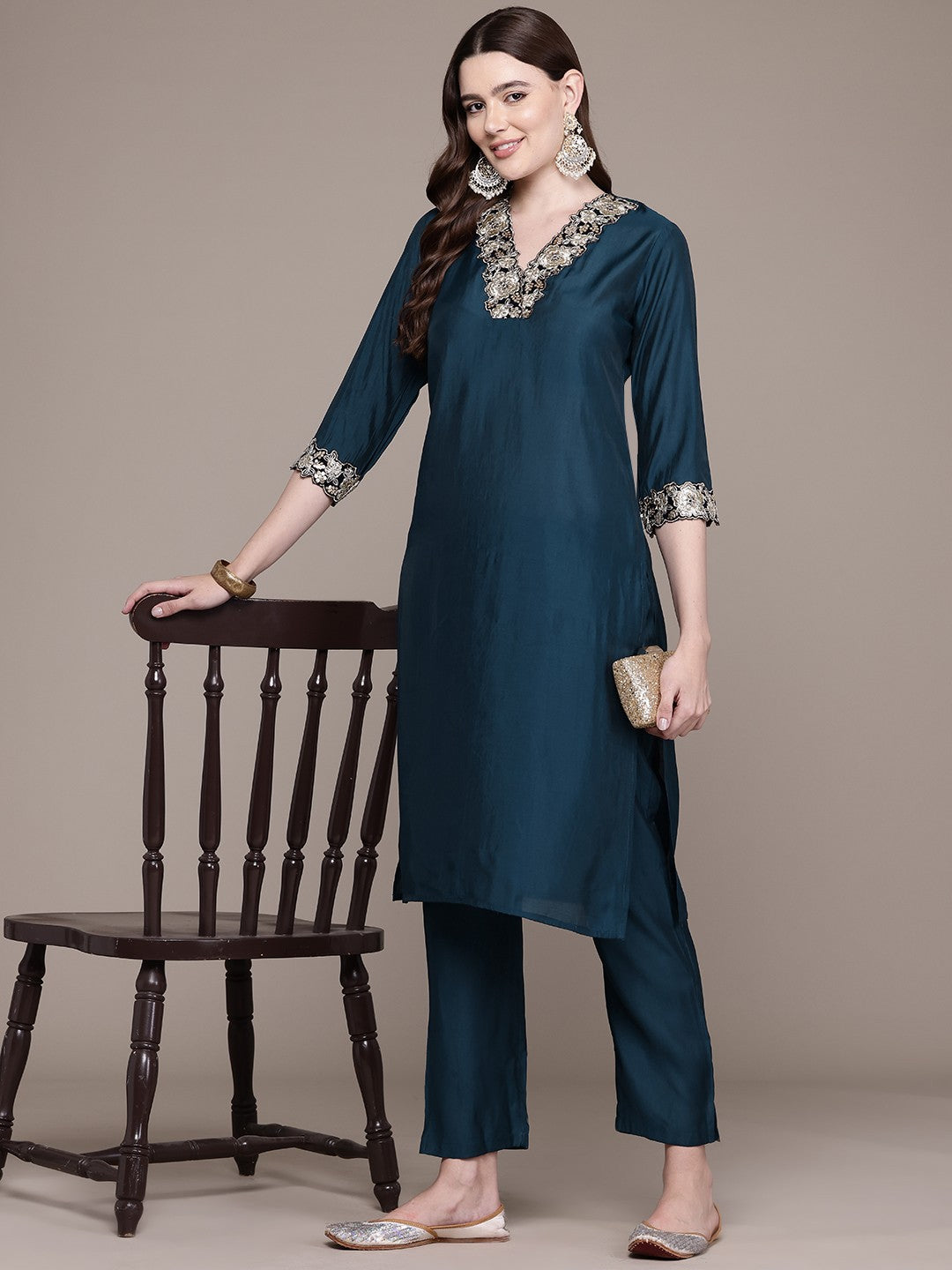 Straight Style Silk Fabric Teal Colour Kurta With Bottom