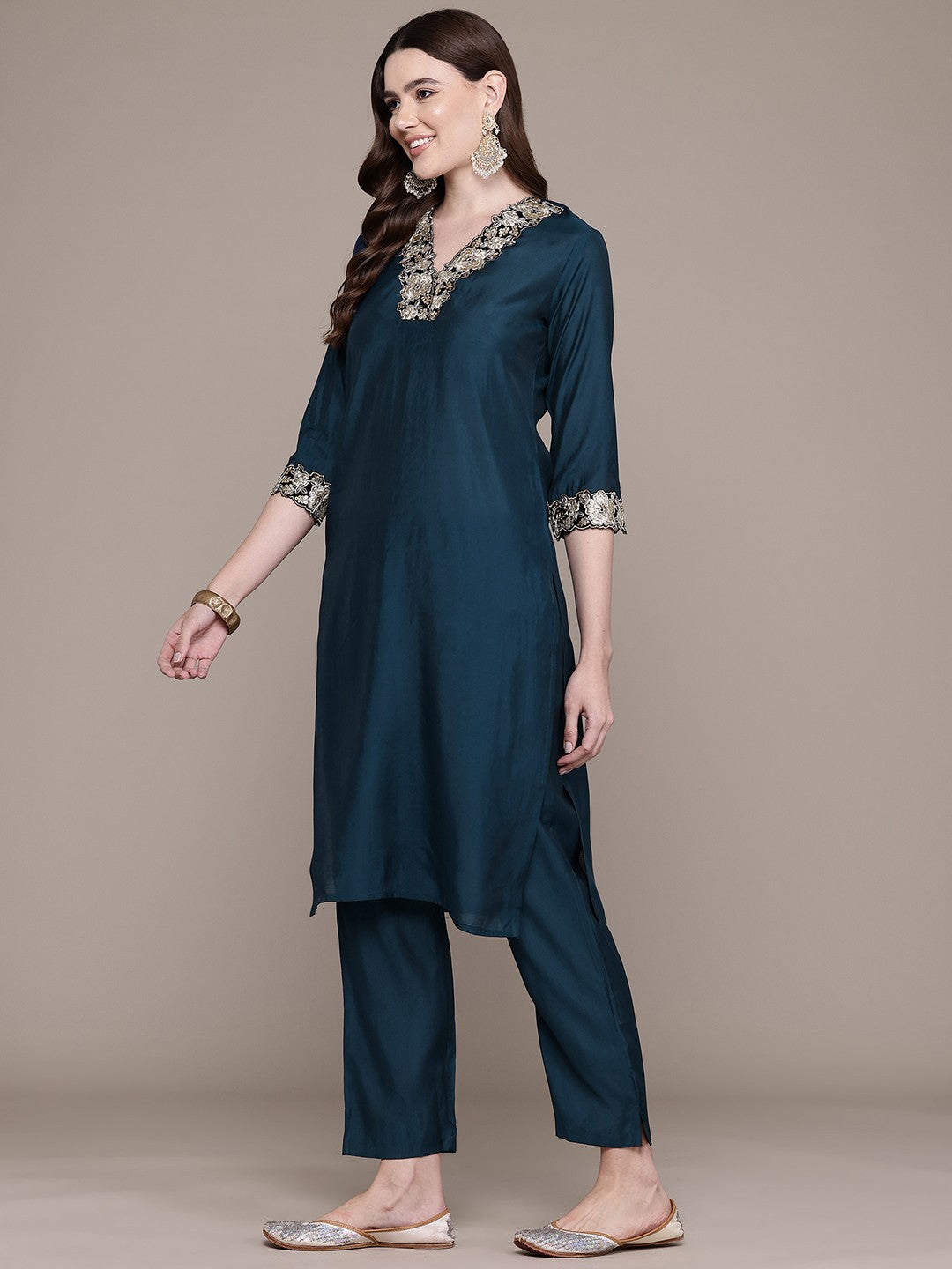 Straight Style Silk Fabric Teal Colour Kurta With Bottom