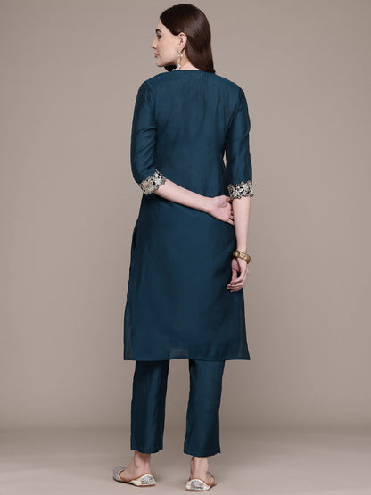 Straight Style Silk Fabric Teal Colour Kurta With Bottom