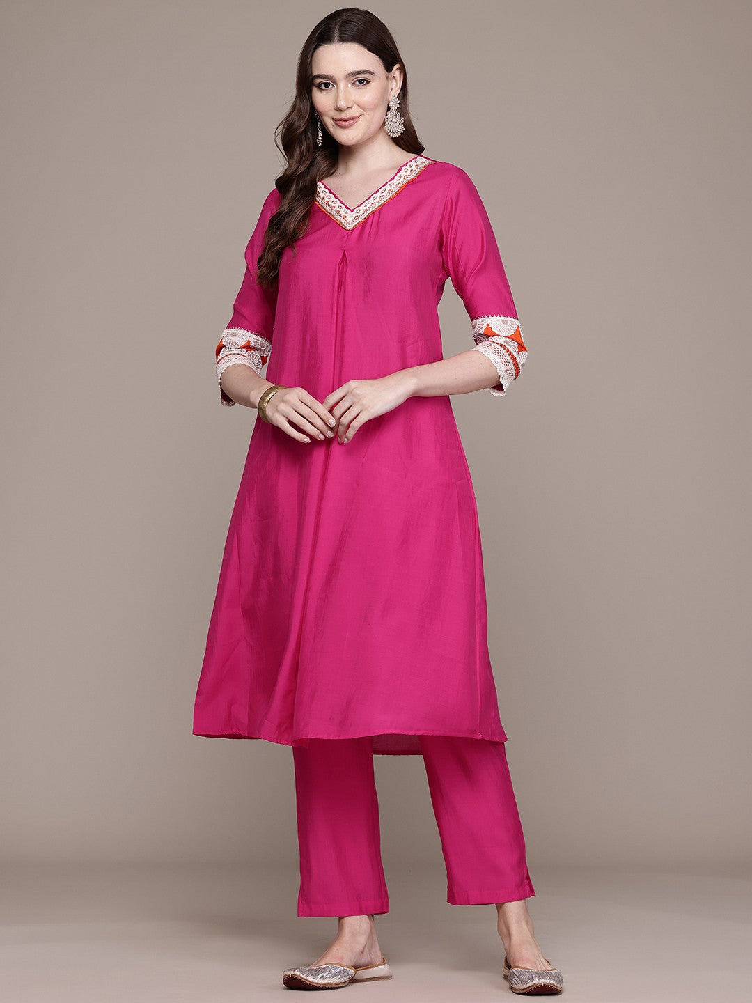 A Line Style Silk Fabric Magenta Colour Kurta With Bottom
