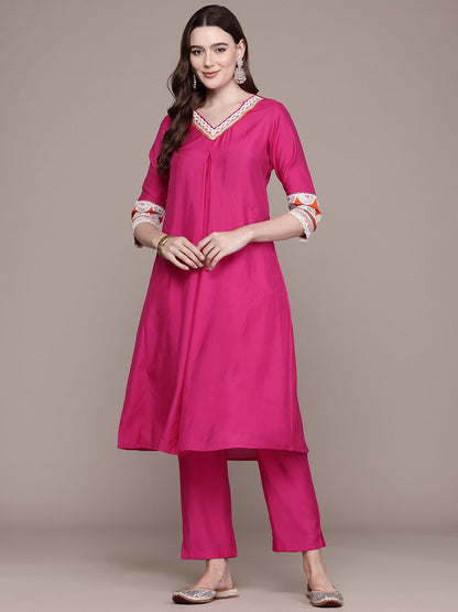 A Line Style Silk Fabric Magenta Colour Kurta With Bottom