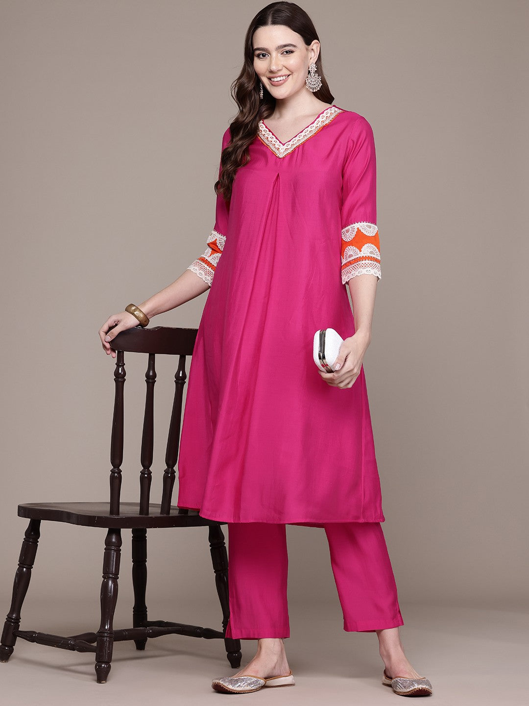 A Line Style Silk Fabric Magenta Colour Kurta With Bottom