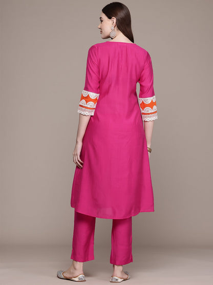 A Line Style Silk Fabric Magenta Colour Kurta With Bottom